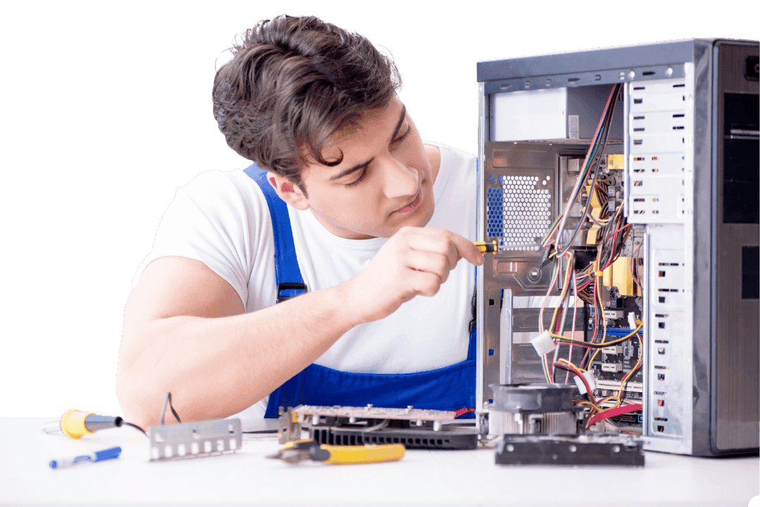 Computer repair technician at the Phone Studio bench in Courtice, ON