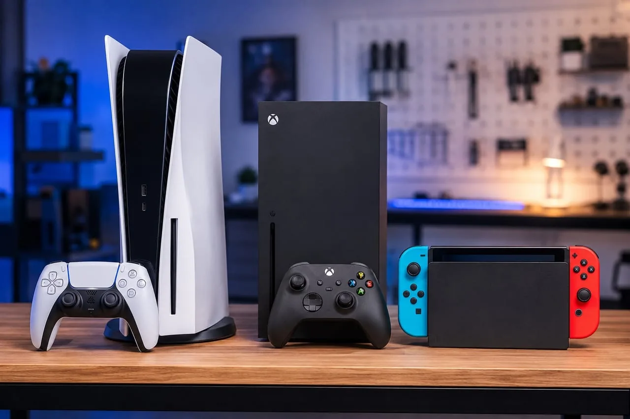 PlayStation 5, Xbox Series X and Nintendo Switch consoles on the repair bench at Phone Studio in Courtice