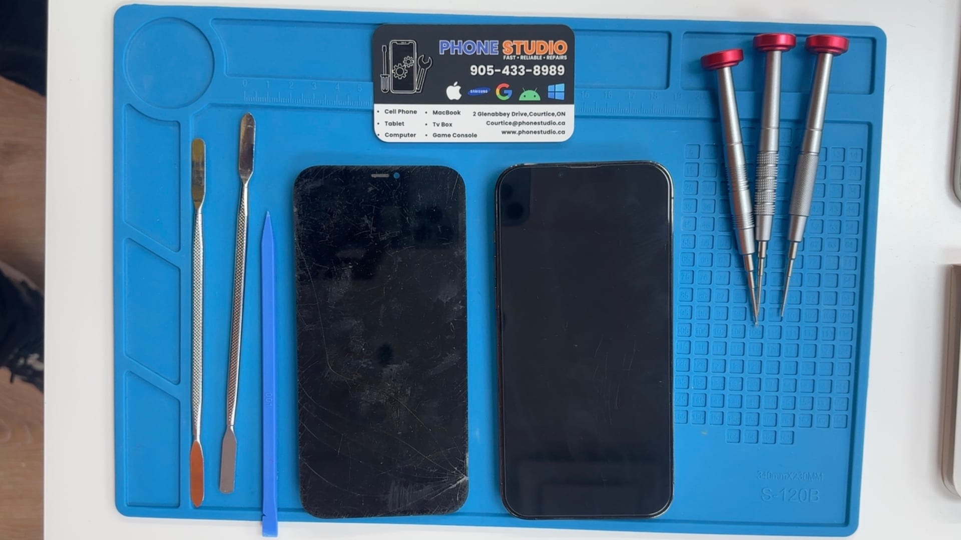 iPhone screen replacement on the Phone Studio bench in Courtice