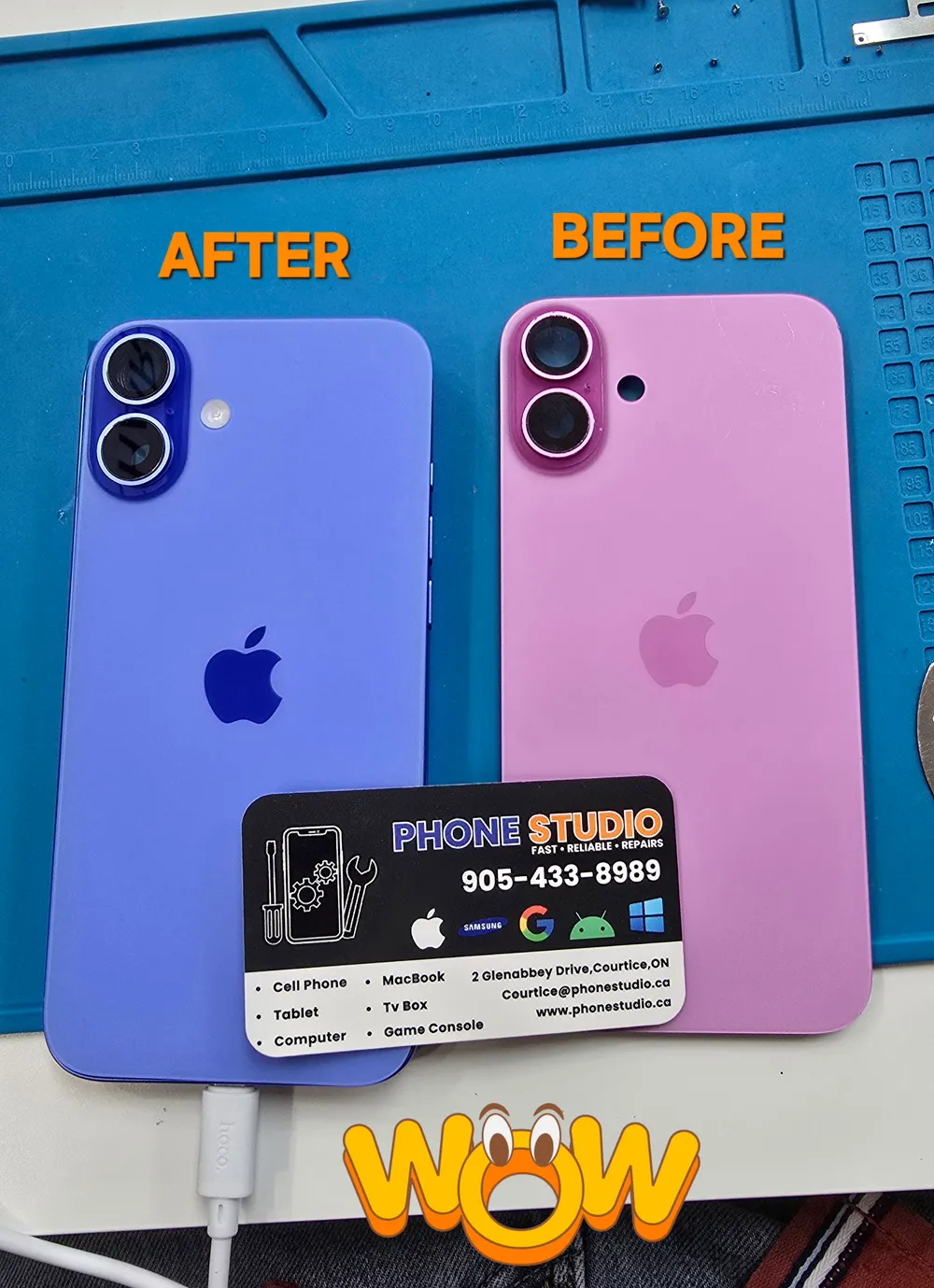 iPhone 16 back glass swap shown before and after at Phone Studio in Courtice