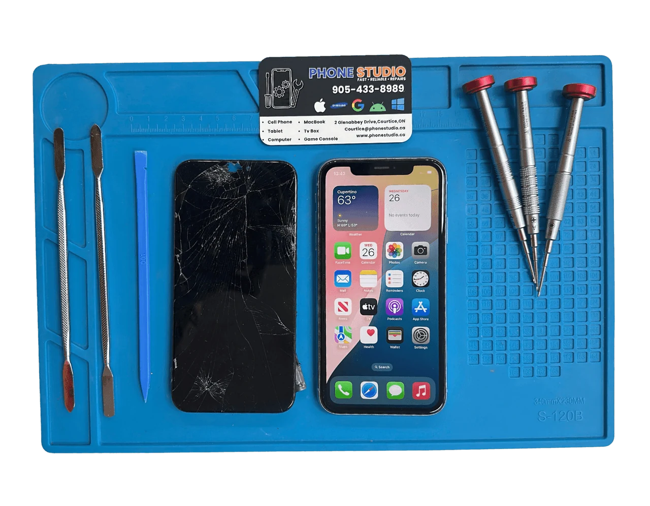 iPhone screen replacement on the Phone Studio bench in Courtice