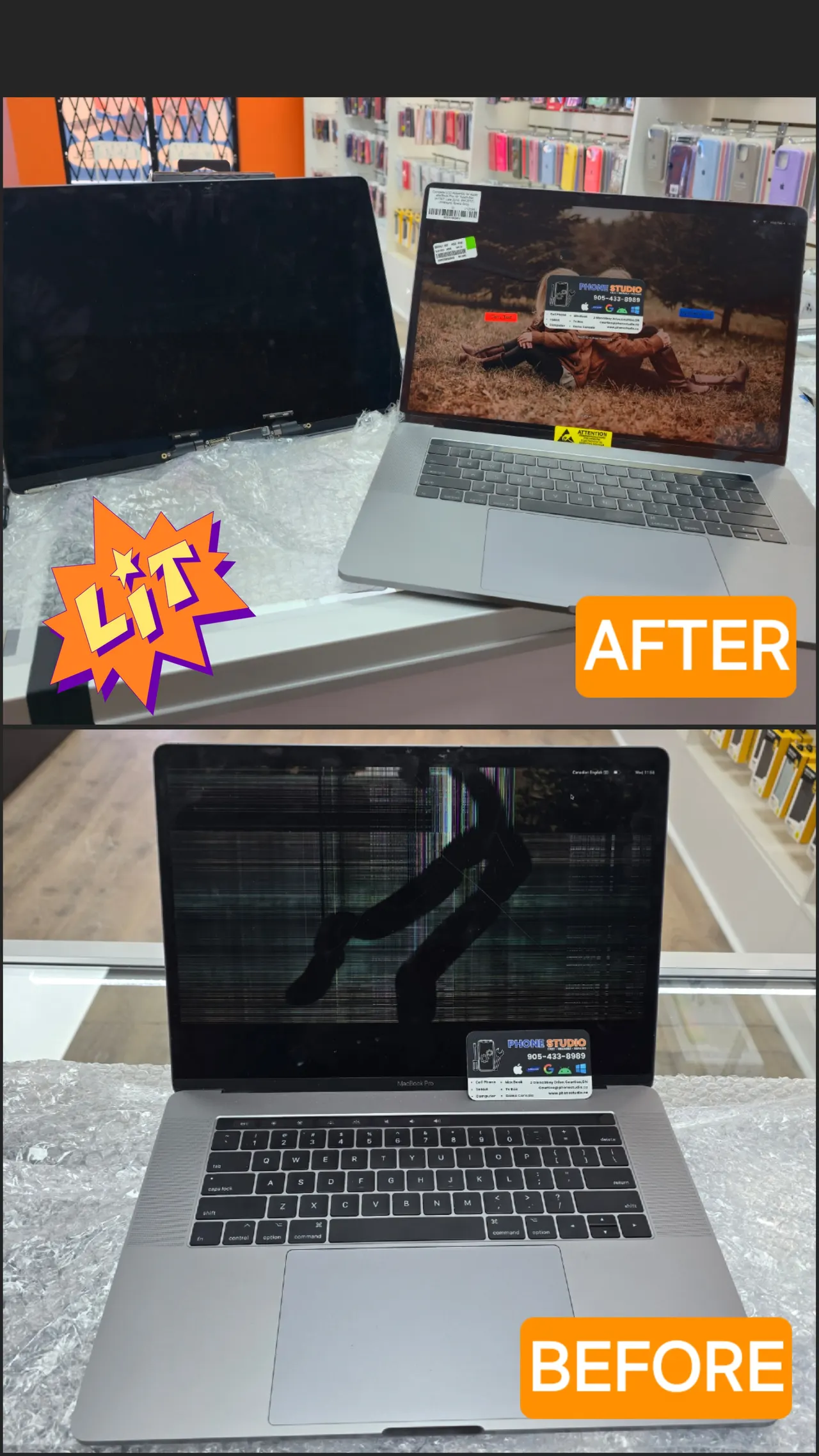 Cracked MacBook screen before repair next to the same MacBook with a new screen fitted, on the Phone Studio bench in Courtice.