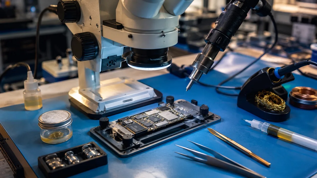 Phone logic board under a stereo microscope at the Phone Studio micro-soldering bench in Courtice, with hot-air station and tweezers