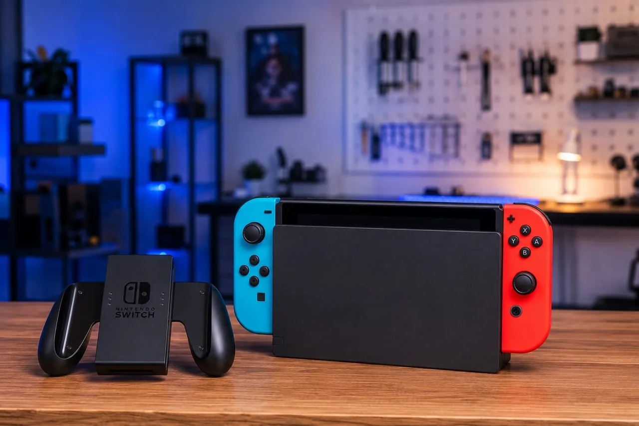 Nintendo Switch console with red and blue Joy-Cons and a grip on the Phone Studio repair bench in Courtice