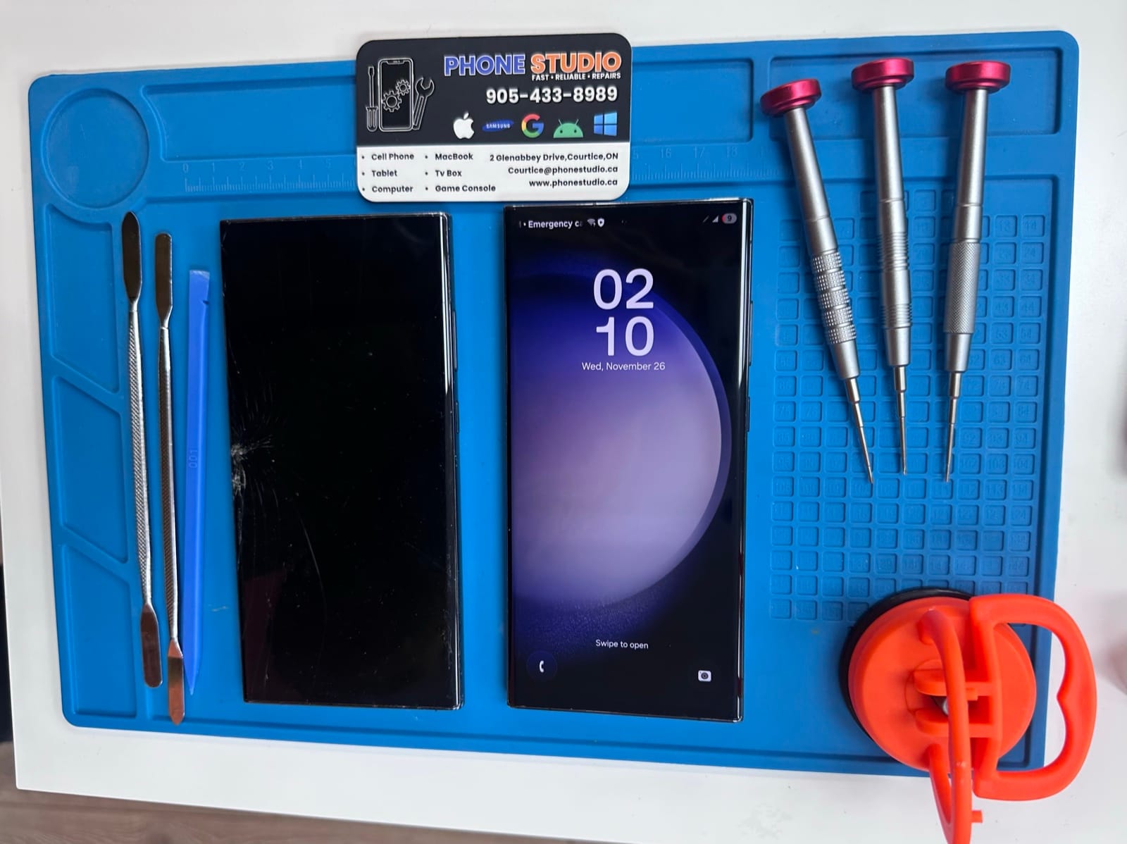 Samsung Galaxy screen replacement on the Phone Studio bench in Courtice