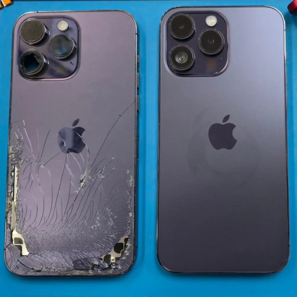 iPhone repair before and after showing back glass replacement at Phone Studio Courtice